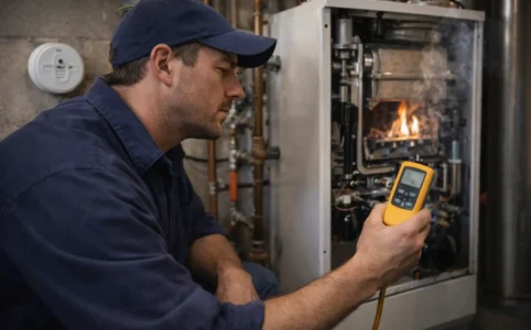 HVAC technician inspecting a residential boiler for safety concerns