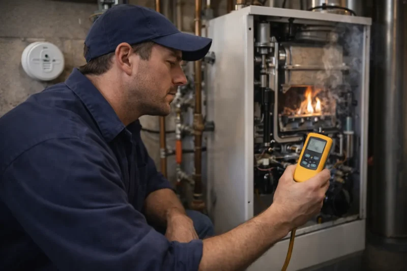 HVAC technician inspecting a residential boiler for safety concerns