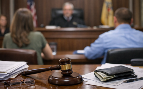 Parents at a child support hearing in a New Jersey courtroom