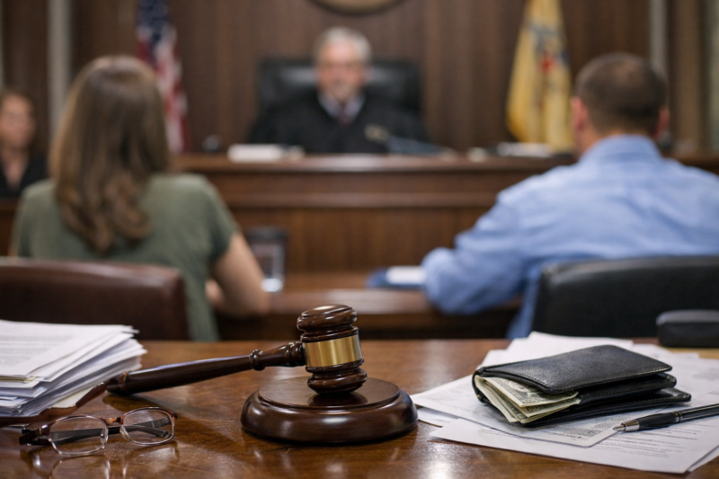 Parents at a child support hearing in a New Jersey courtroom